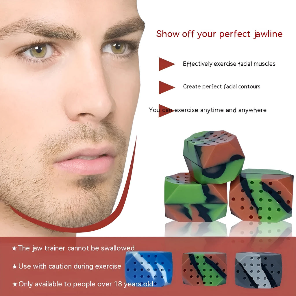 Two camouflage-pattern silicone facial muscle fitness balls for jawline training.