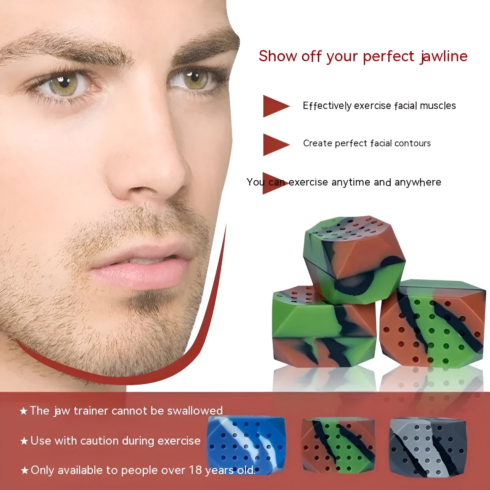 Two camouflage-pattern silicone facial muscle fitness balls for jawline training.