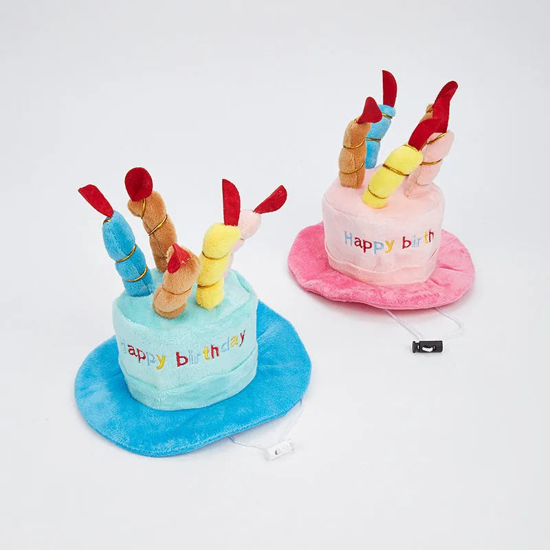 Adjustable dog birthday hat for small breeds in pink or blue colour with elastic strap