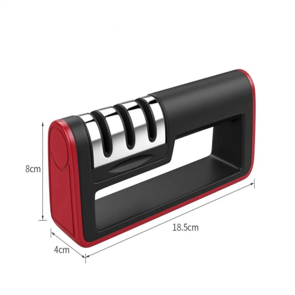 Black and red professional three-stage diamond knife sharpener with non-skid feet