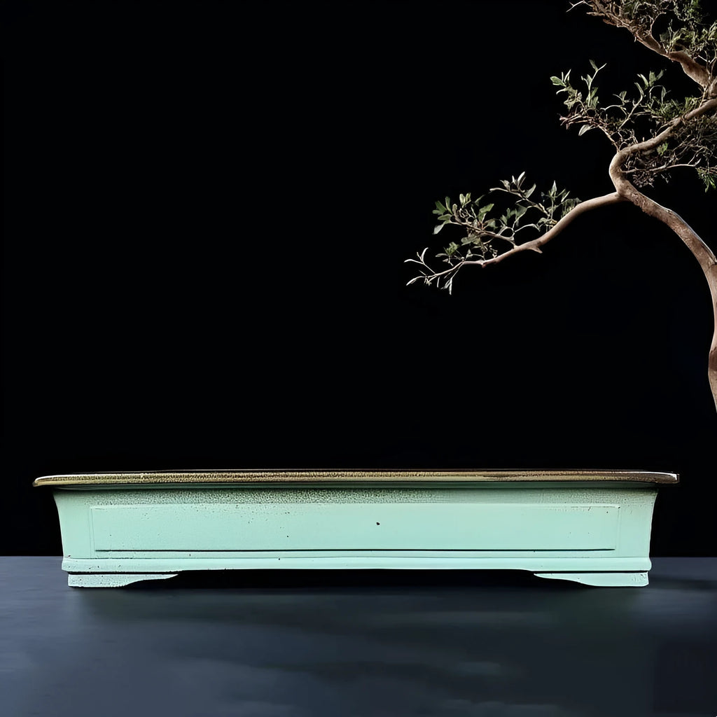 Green retro handmade ceramic bonsai flower pot with crackled purple sand glaze
