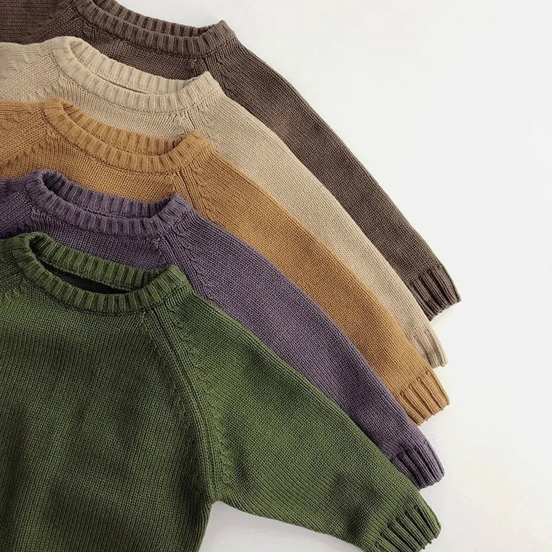 Baby retro pullover knitwear top in brown with long sleeves, suitable for autumn and winter, Korean style