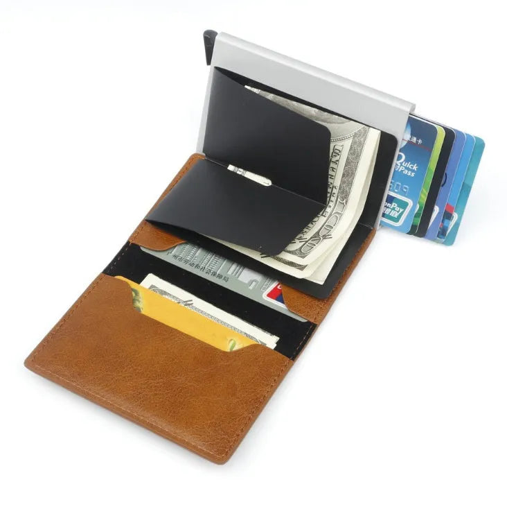 PU aluminium alloy automatic card holder with RFID protection in brown colour, showing pop-up card slot.