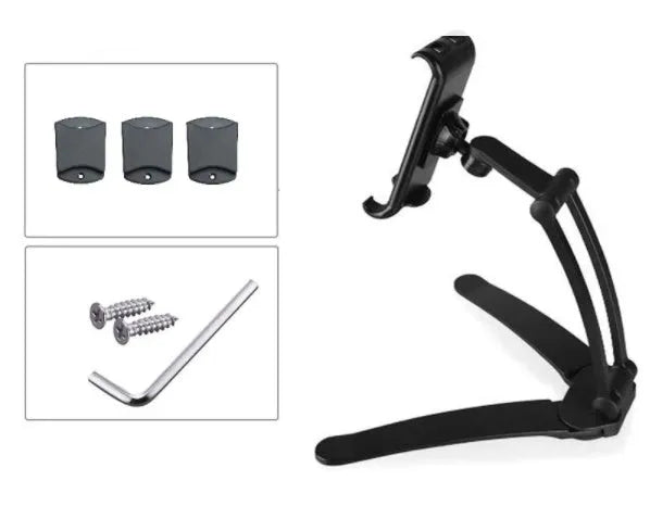 Silver and black aluminium alloy desktop tablet stand with adjustable arm and dual clamps.
