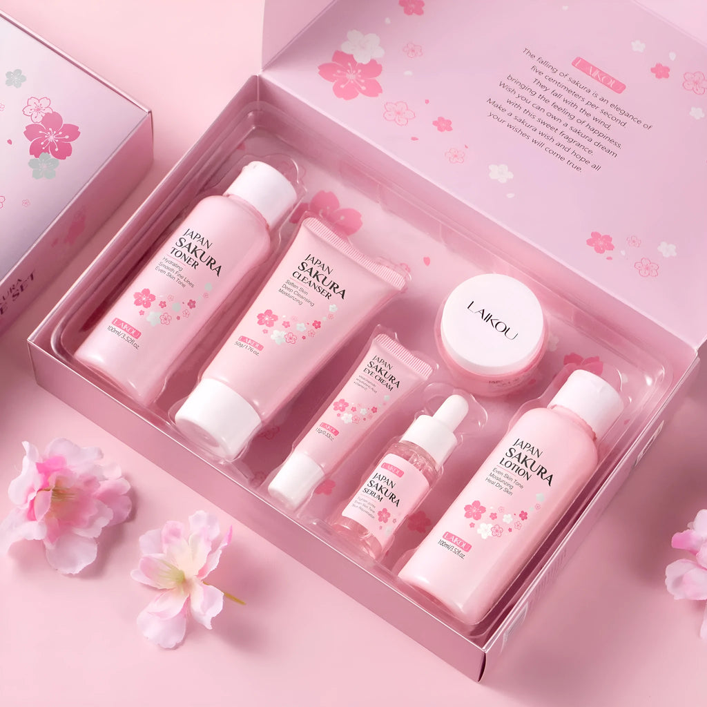 Cherry Blossom 6-piece skin care set with cleansing and brightening facial products