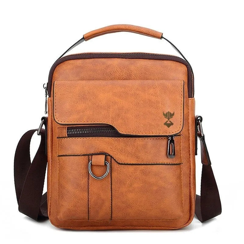 Khaki PU leather men's diagonal shoulder bag with square vertical section