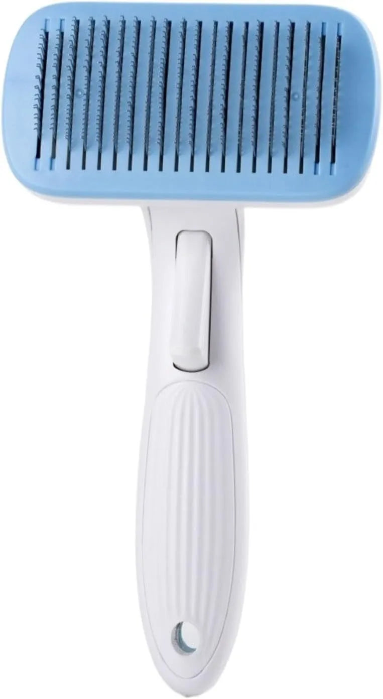 Automatic pet hair removal comb for dogs and cats in blue, showing one-click needle mechanism.