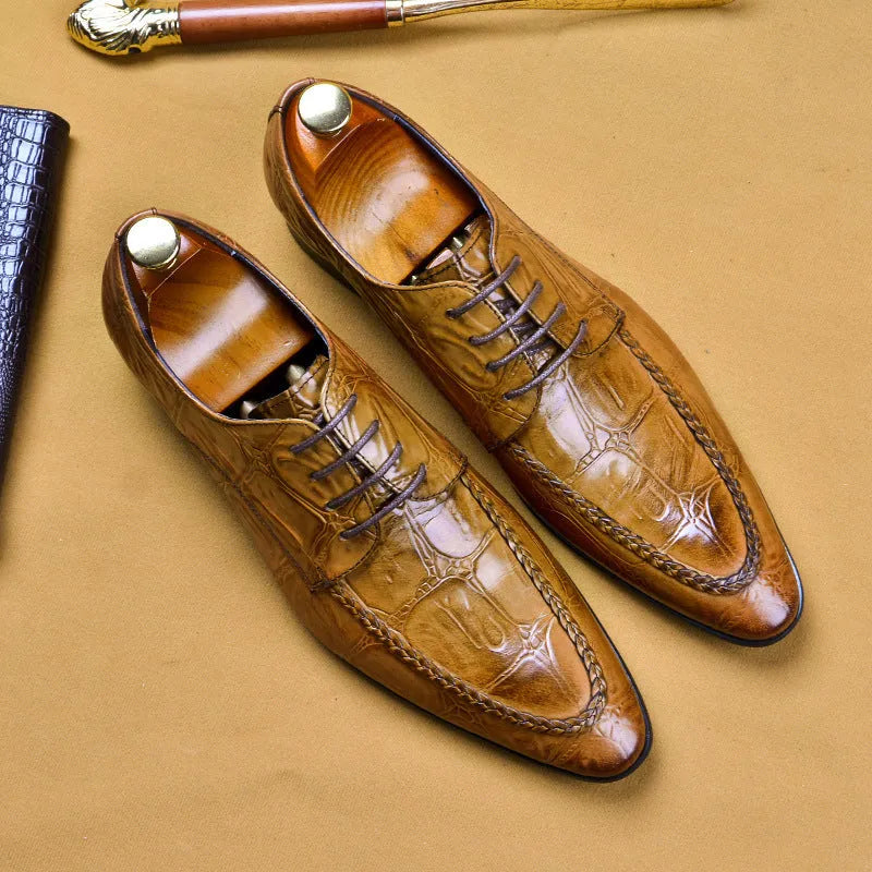 Men's black leather shoes with alligator pattern and horse bit buckle, British business style with rubber sole