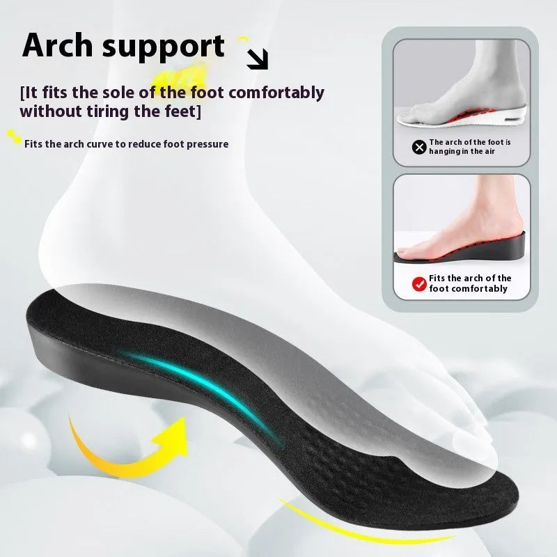Invisible black PVC height increasing insole for men with 4cm lift, placed inside a shoe