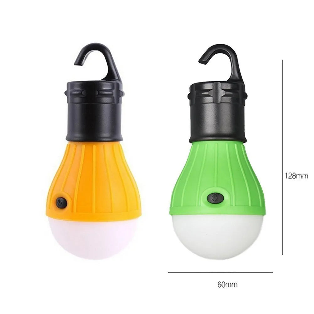 Blue portable camping lantern with a black hook, showing three white LEDs and a textured ABS plastic body.