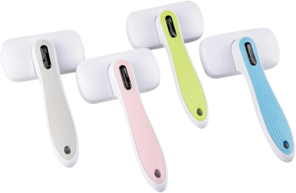 Automatic pet hair removal comb for dogs and cats in blue, showing one-click needle mechanism.