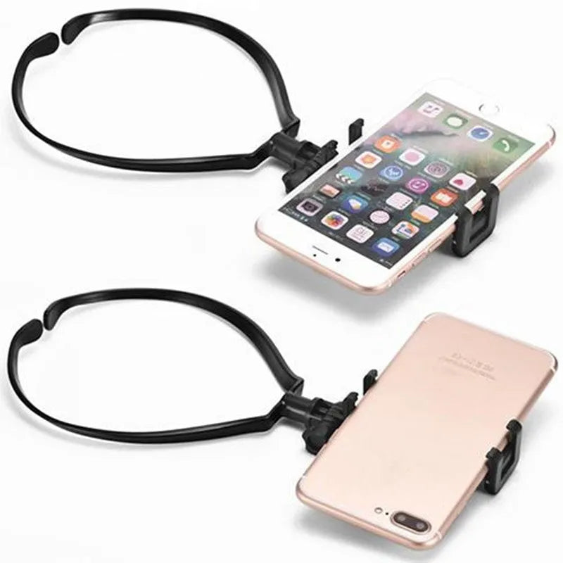 Black ABS plastic neck phone holder showing flexible ring and smartphone mounting mechanism