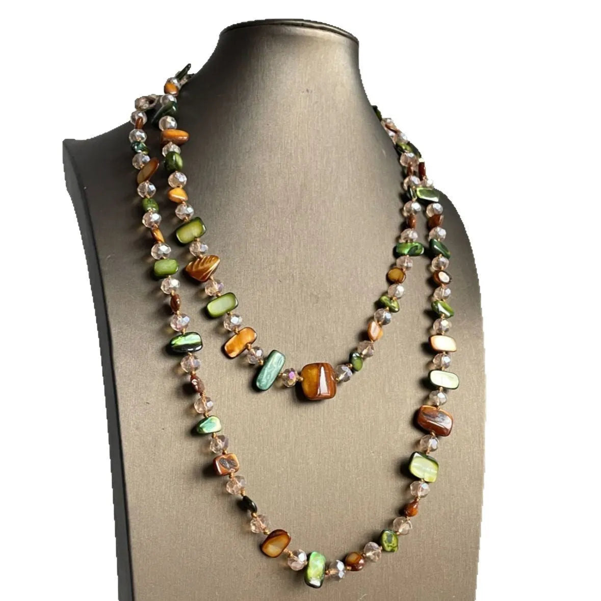 Retro bohemian colorful shell beaded double layer necklace in Coffee Green with mother of pearl geometric pendant
