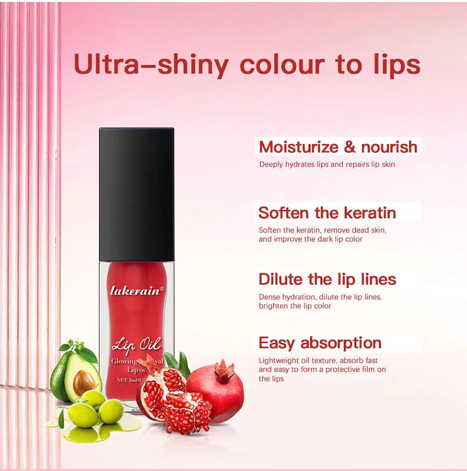 Glow Lip Gloss nourishing lip oil in 8ml bottle, shown in Coral, Clear, Honey, Jam, Pink, Red, and Rose colours.