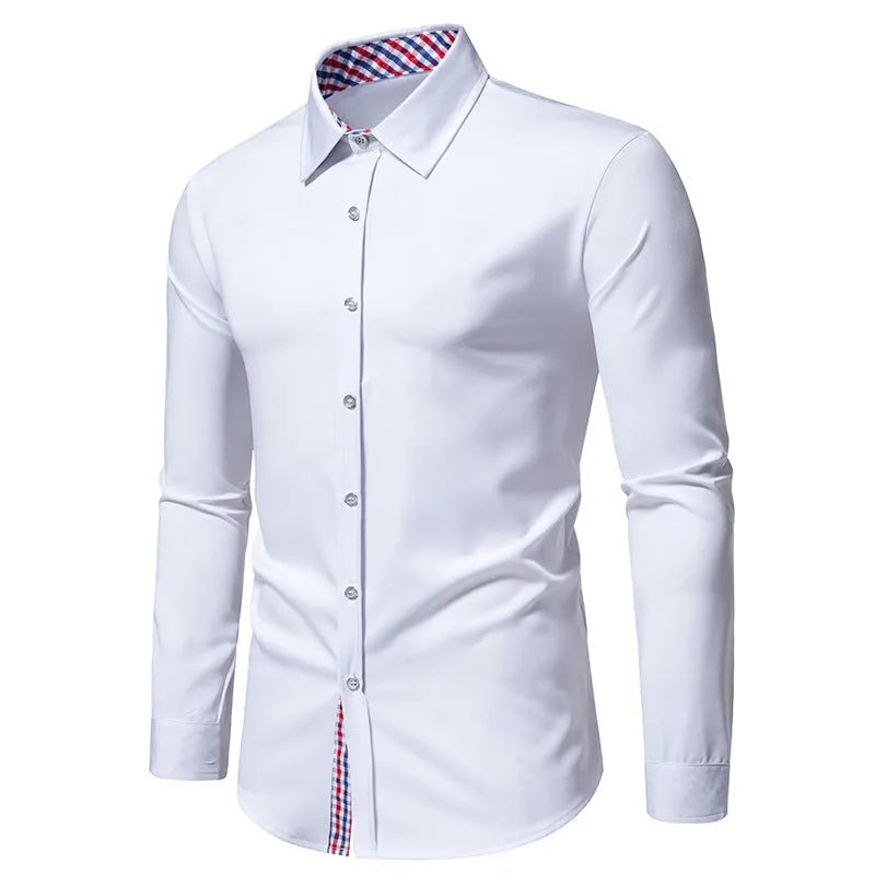 Men's loose fit plaid long sleeve casual shirt in wine red, black, or white.