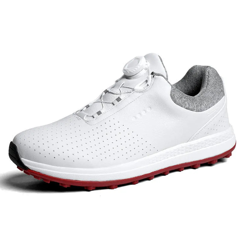 Men's low top white golf sneakers with breathable holes and a broken nail pattern sole.