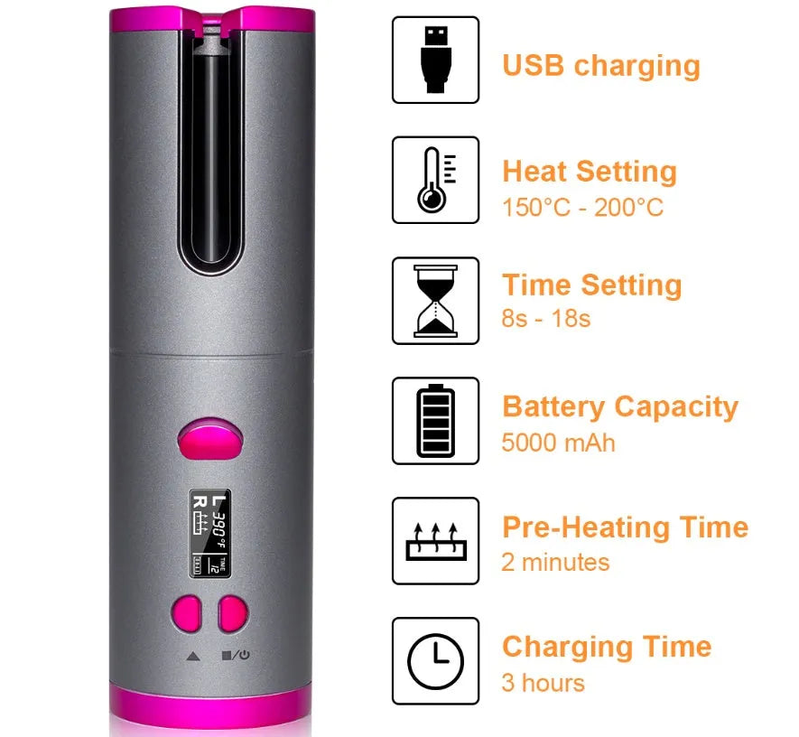 Golden cordless USB rechargeable curling iron with digital display and black flannel storage bag