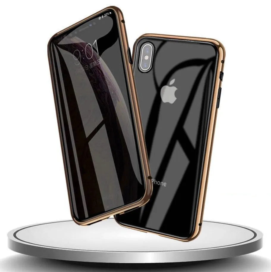Tempered glass anti-spy phone case for iPhone with geometric pattern in black silver red gold green or blue