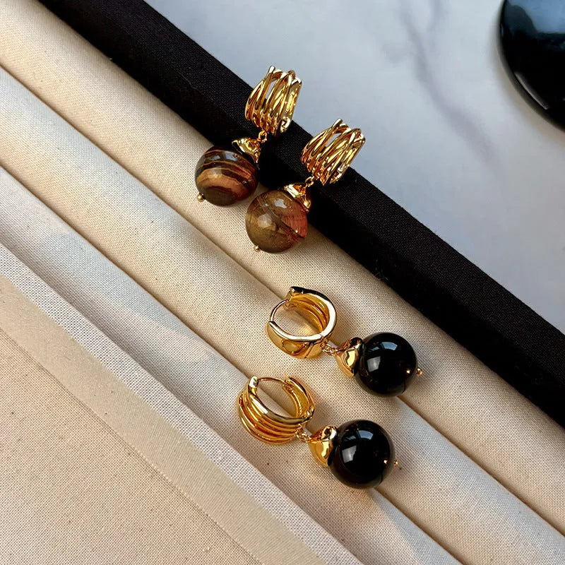 Geometric tigereye earrings with gold plating in brown or black French retro style