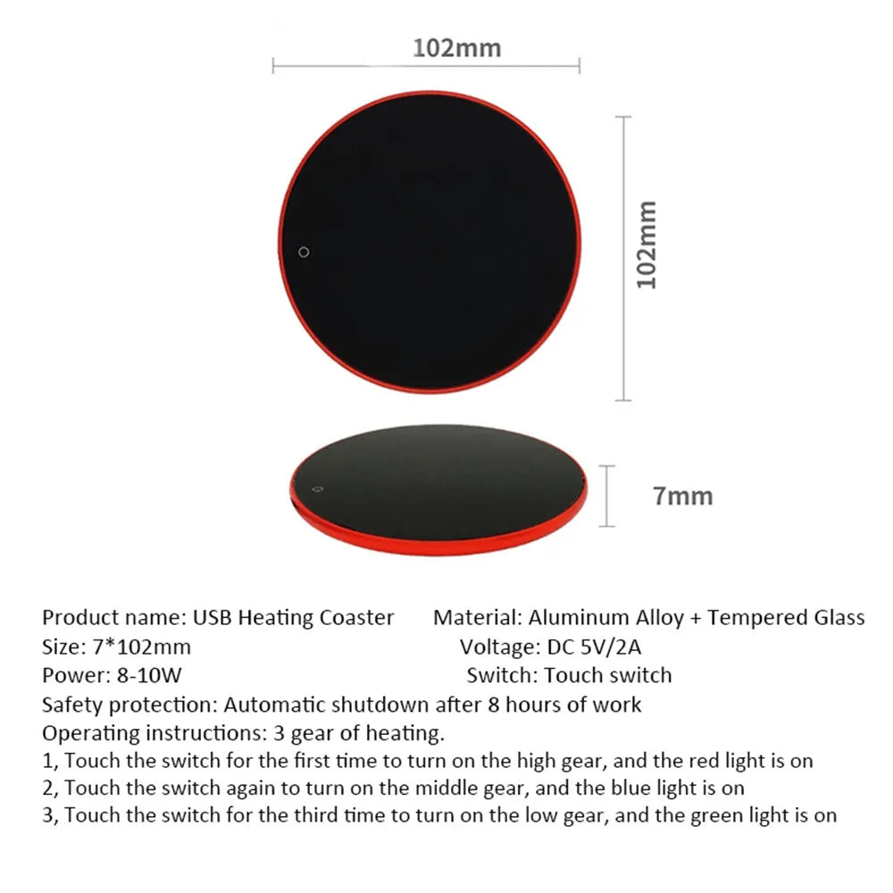 Black USB heating coaster for warming cups of coffee or tea on a desk