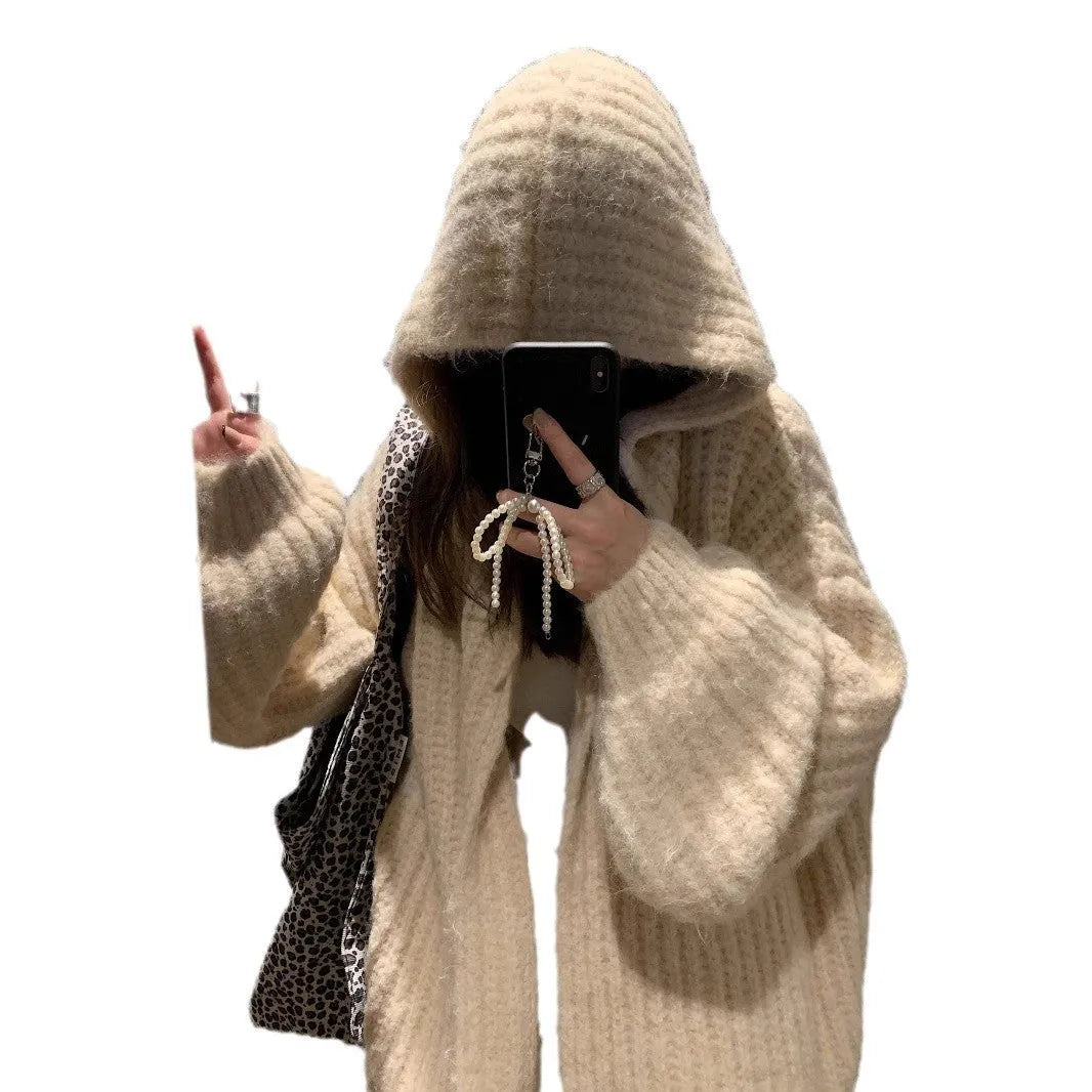 Retro style women's hooded cardigan in thick acrylic fabric, shown in dark grey.