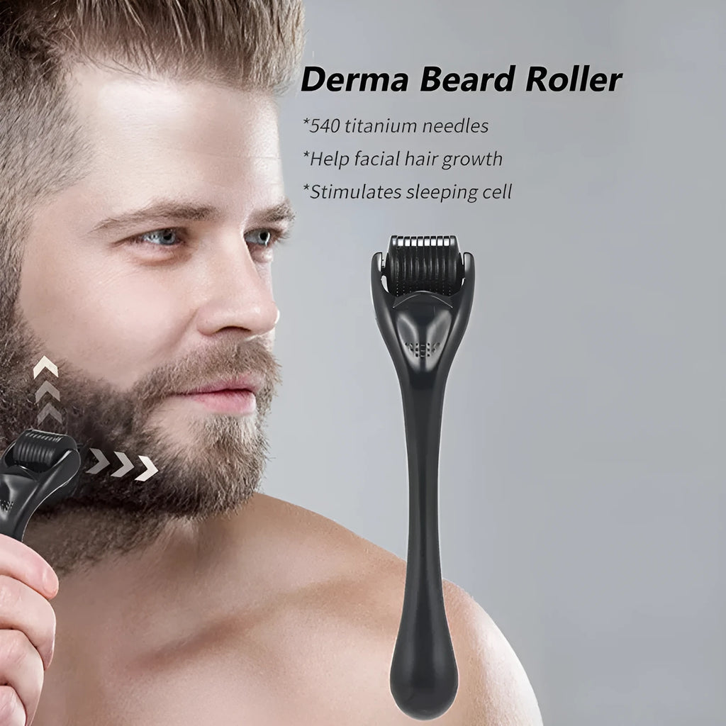 Black and purple derma roller with titanium microneedles for facial skin, hair, and beard treatment