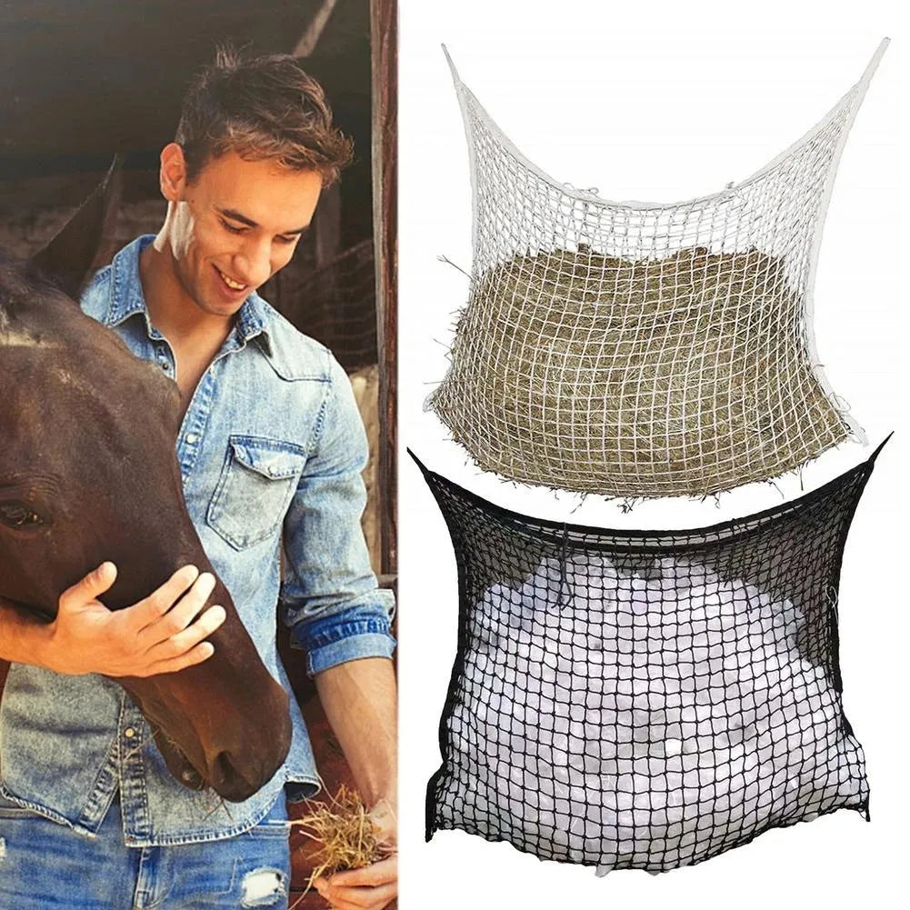 Woven grid hanging feeding bag for horses and cattle in black or white colour options