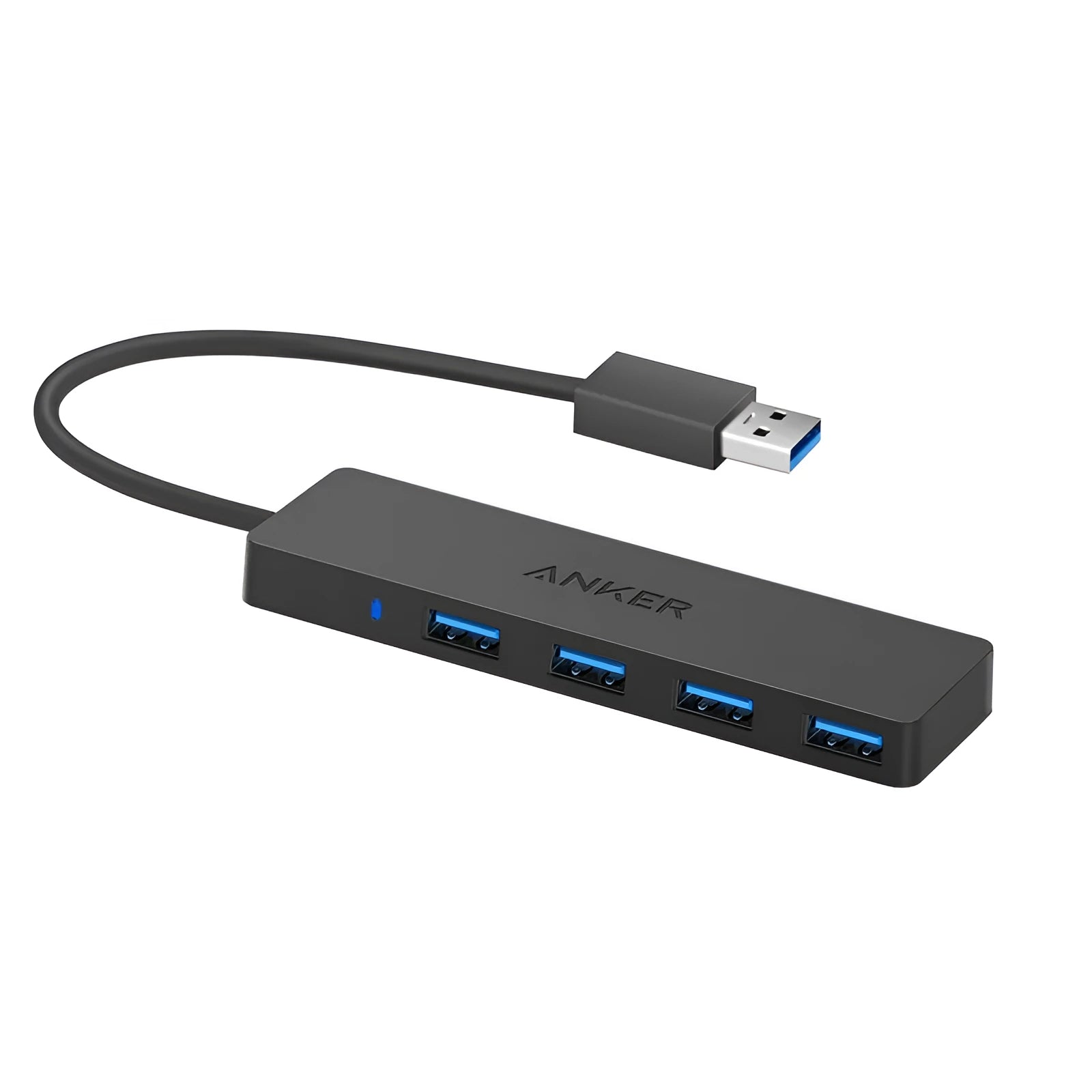 Black Anker 4-port USB 3.0 data hub with attached cable, showing four USB Type-A ports.
