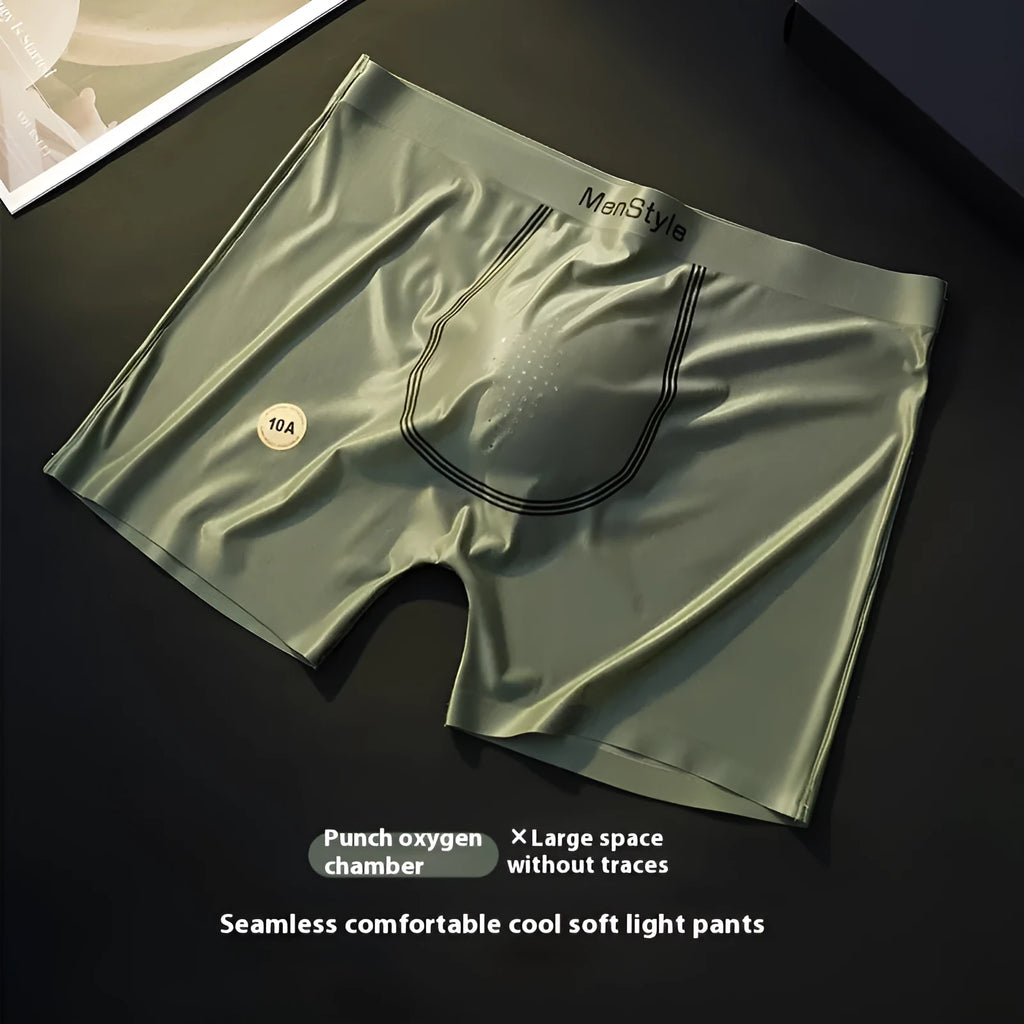 Men's seamless ice silk satin boxers in multiple colours showing mid-waist fit