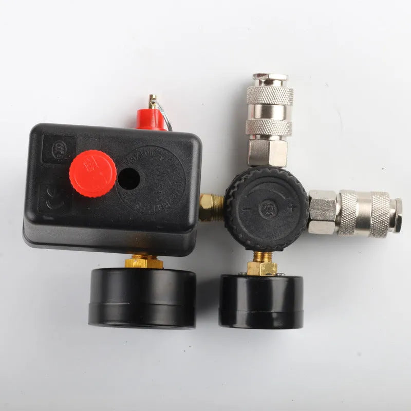 Air compressor pressure switch with gauge, 12MM connector, and adjustment dial for 0.5-0.8 MPA range.