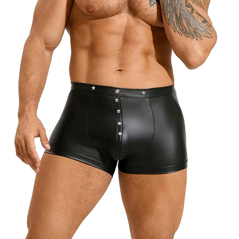 Black men's PU leather shorts with U-pouch design on a size chart showing M to 3XL