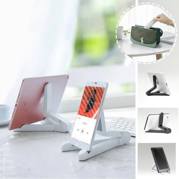 Black foldable tablet holder showing folded size and non-slip rubber surface for device protection