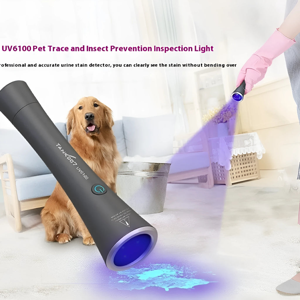 Black aluminium UV detection flashlight with USB Type-C port for finding pet stains.