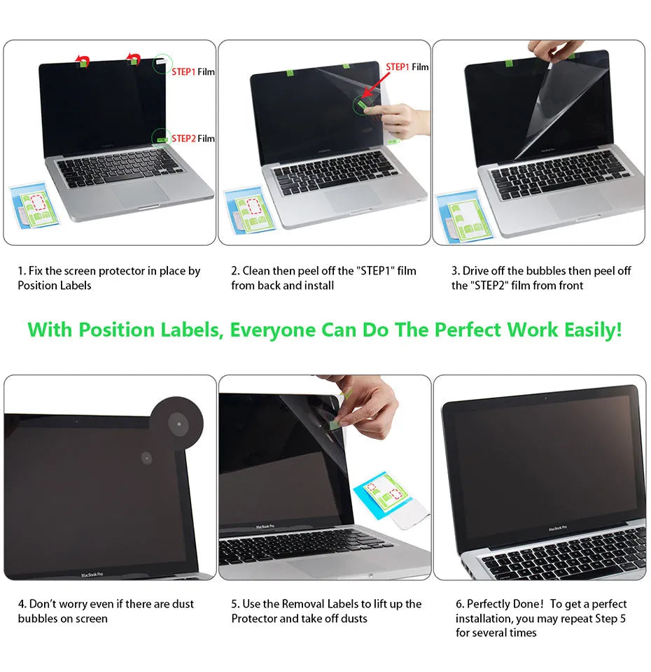 Matte screen protector film for 13-inch MacBook Pro laptop with installation tools
