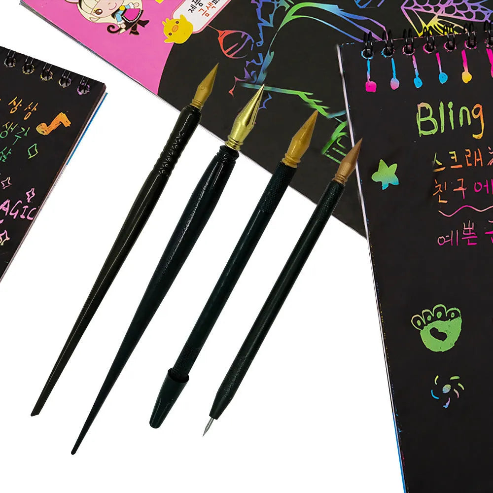 Scratch art pen tool with brush-style tip for children's creative scratch art projects
