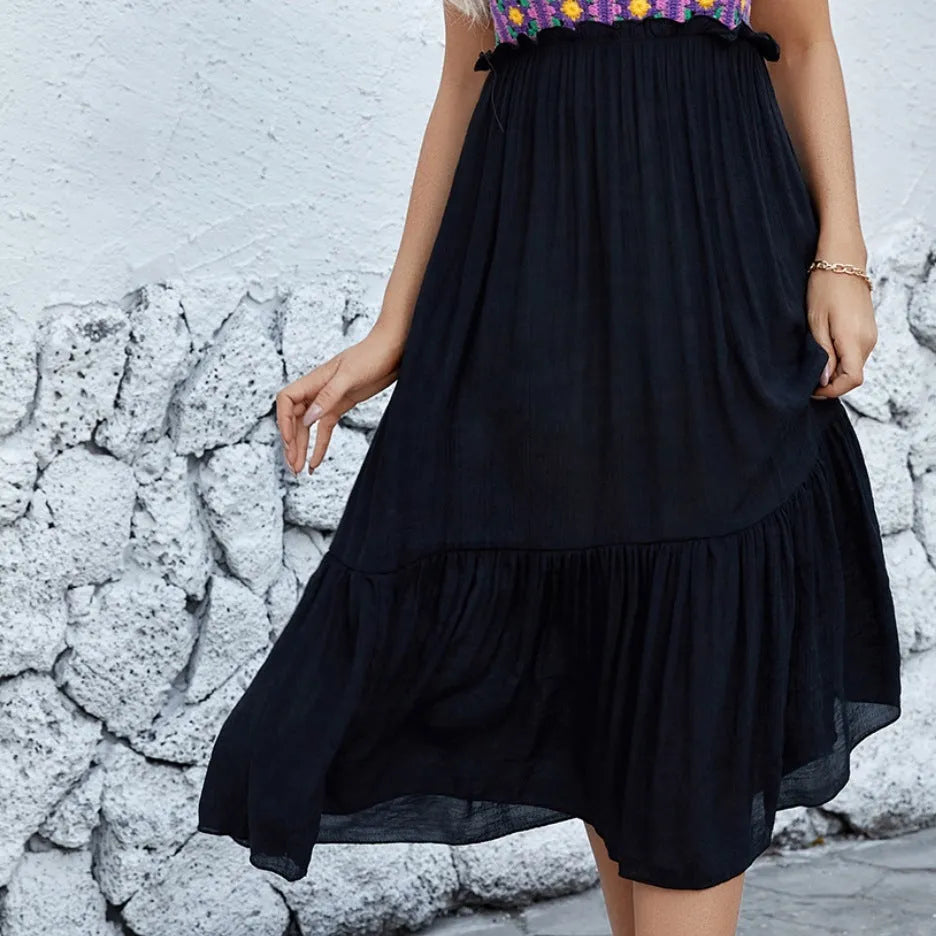 Purple sleeveless dress with hand-hook flower stitching detail on cotton blend fabric.