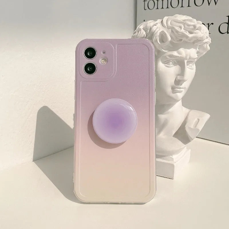 Yellow-purple gradient silicone iPhone case with retractable viewing bracket shown on mobile phone