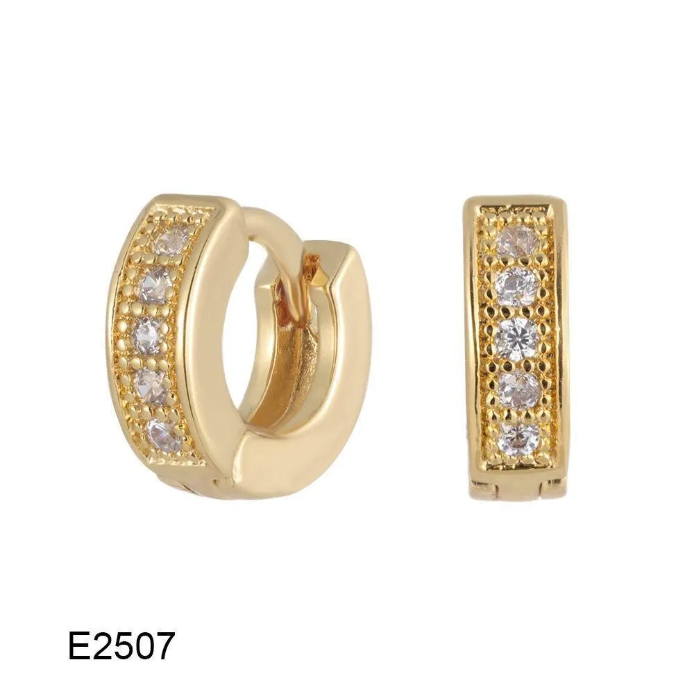 Brass gold plated heart-shaped zircon clip earrings with gang drill detailing showing four colour options