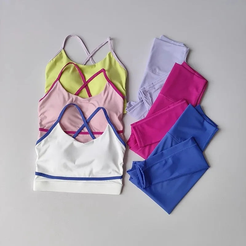 Women's blue and white quick drying yoga pants and sports bra set for running and cycling