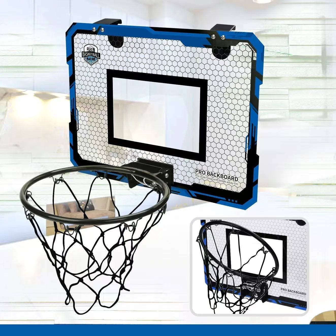Red and blue folding basketball frame with suction cup and hook, shown as a dunk target and ball rack.