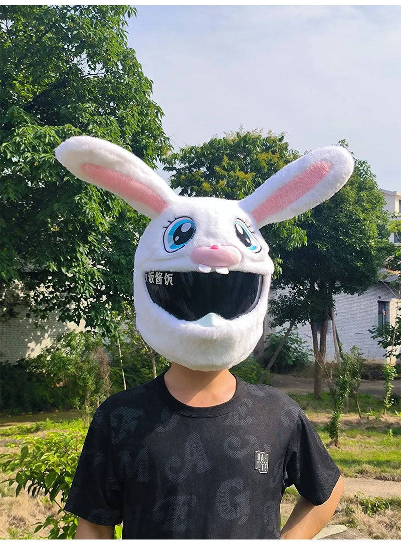 White rabbit head plush helmet cover for electric motorcycles on a helmet.