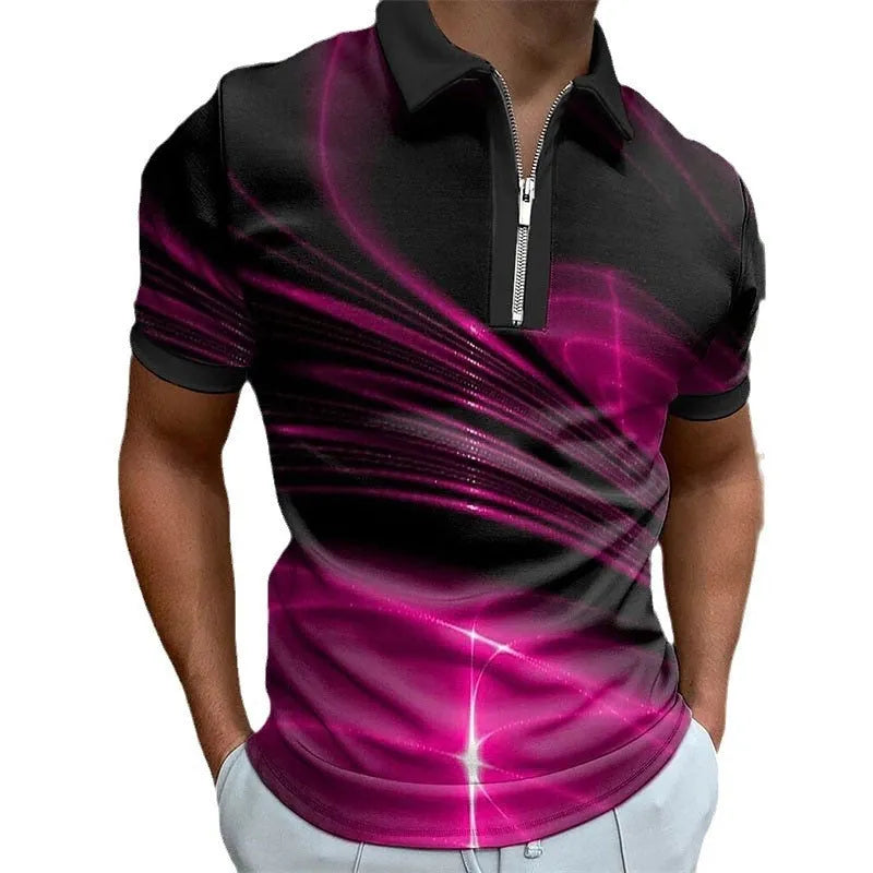 Man wearing a blue short sleeve zip-up polo shirt with a lapel collar, made from lightweight bird eye cloth.