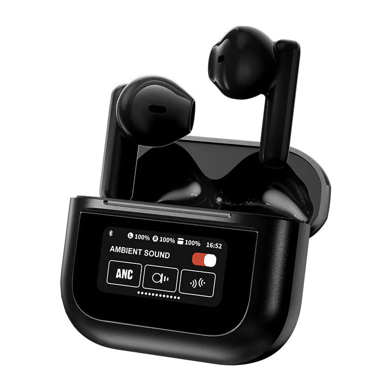 YX28 black and white Bluetooth headset with touch screen LCD display and ear hook