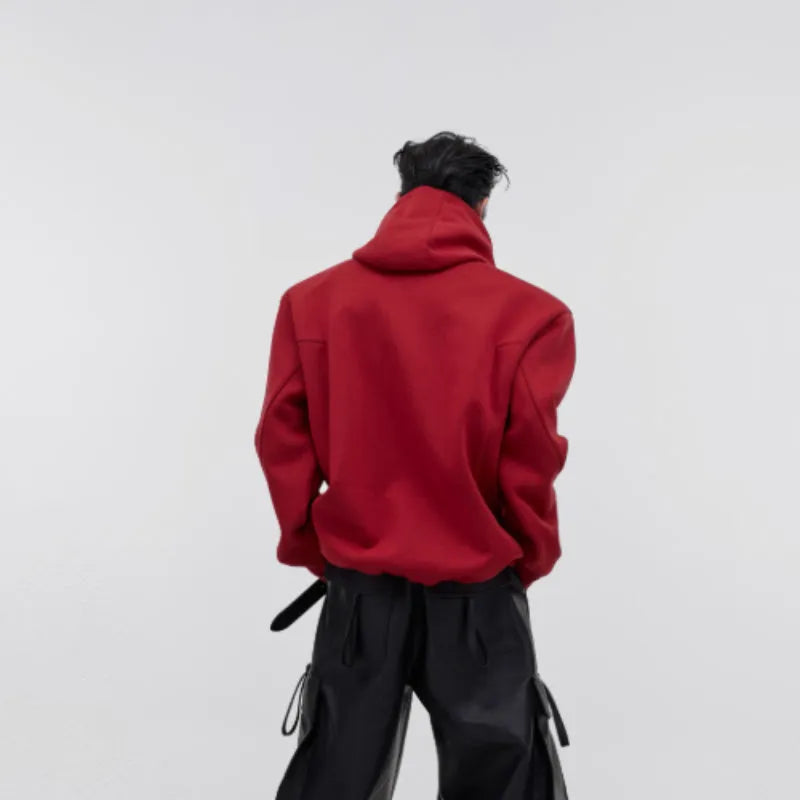 Men's loose-fitting hooded sweater with three-dimensional printing and heavy shoulder pads in red colour