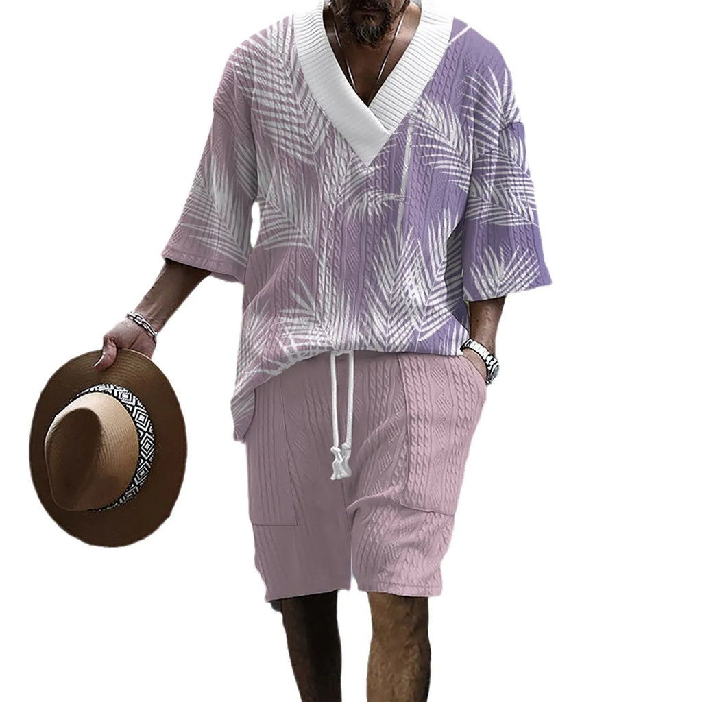 Printed drop-shoulder men's knitted short-sleeved top with matching shorts in a colour from the TH01-362 to TH01-366 range.