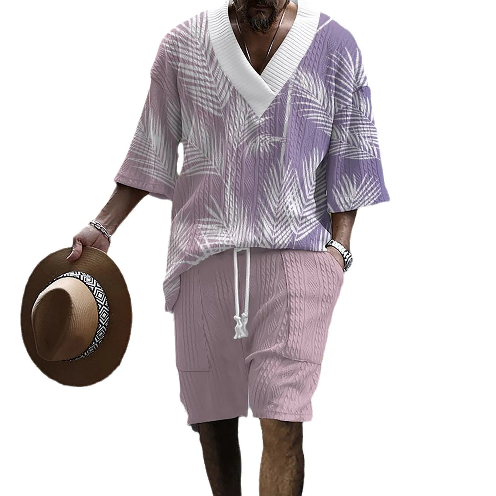 Printed drop-shoulder men's knitted short-sleeved top with matching shorts in a colour from the TH01-362 to TH01-366 range.
