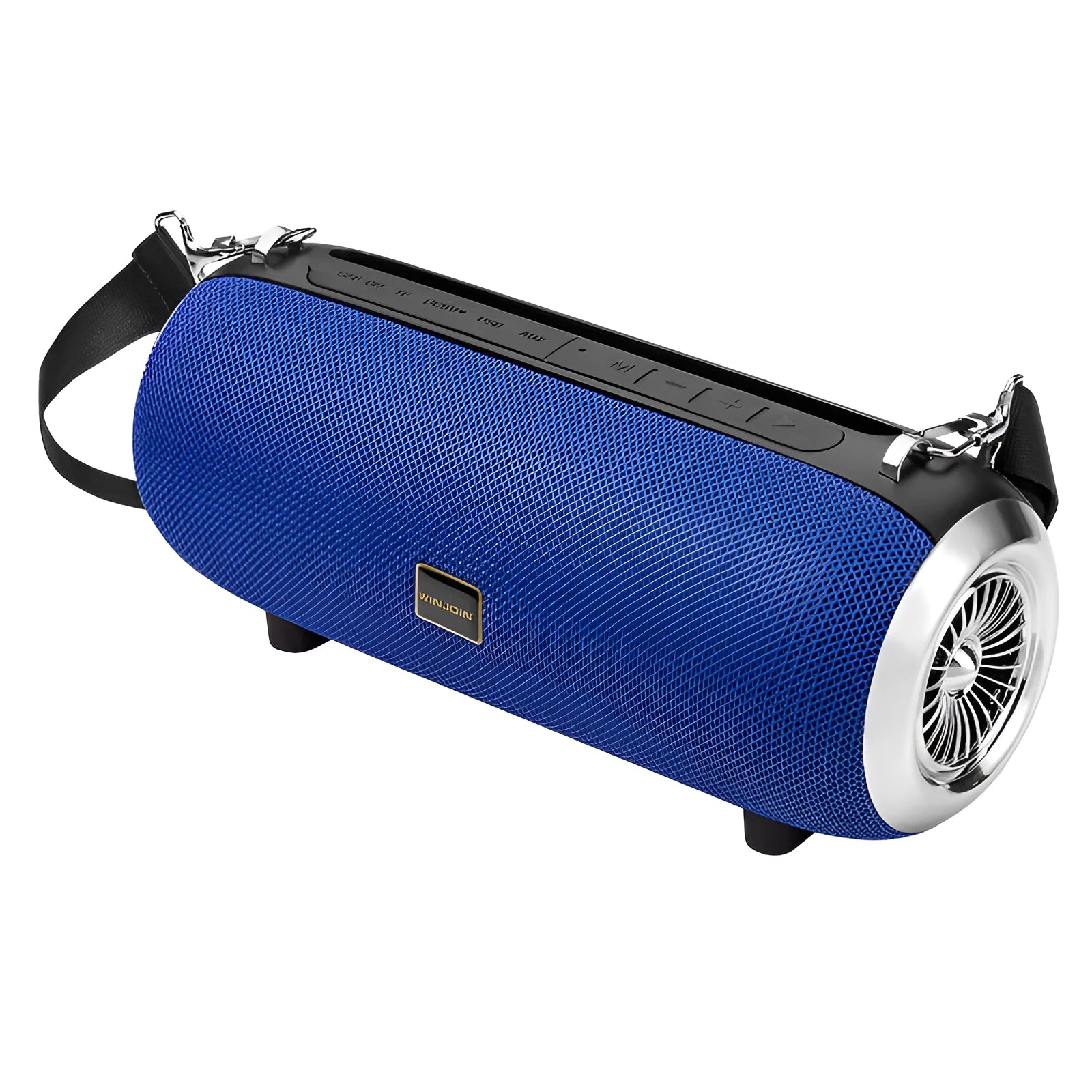 F666 portable fabric and plastic Bluetooth speaker with shoulder strap and retractable FM antenna.