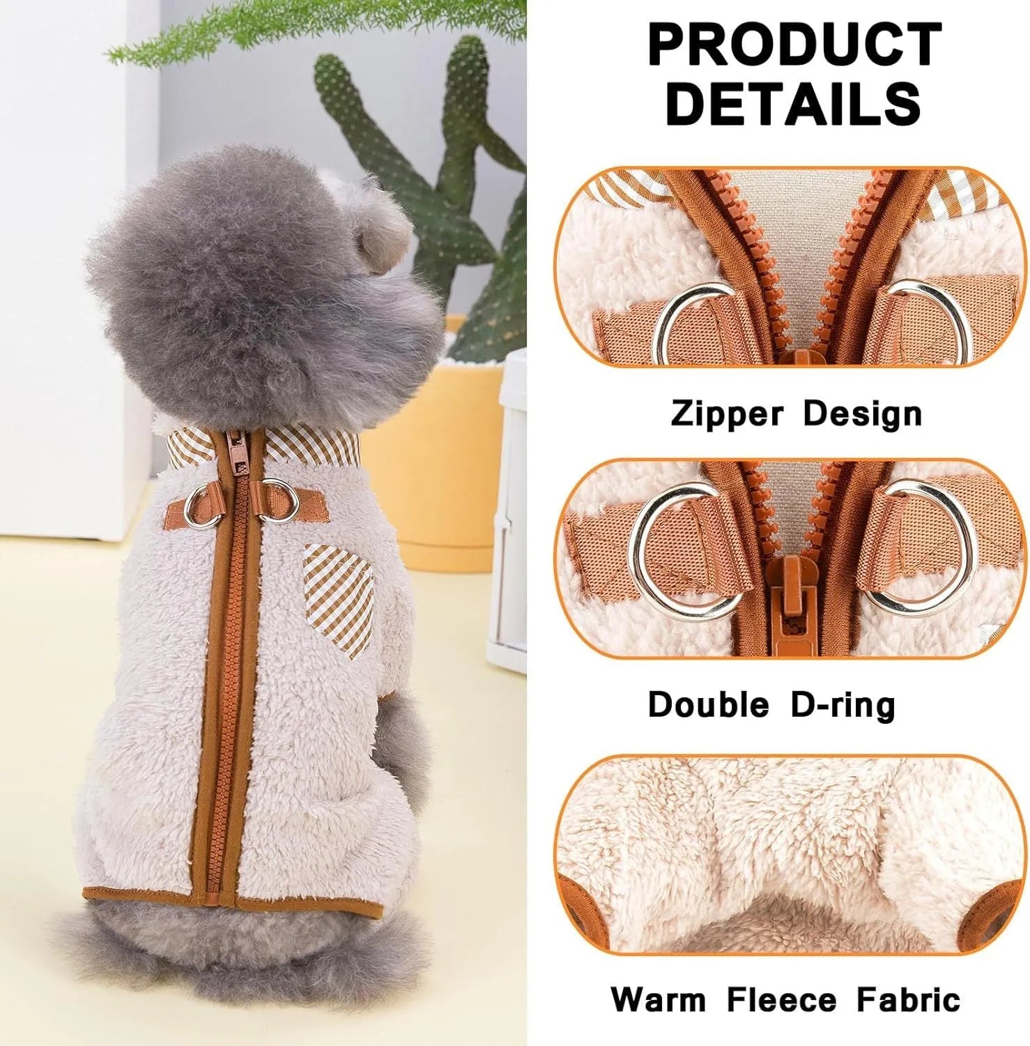 Green fleece dog coat with back zipper and D-rings on small dog