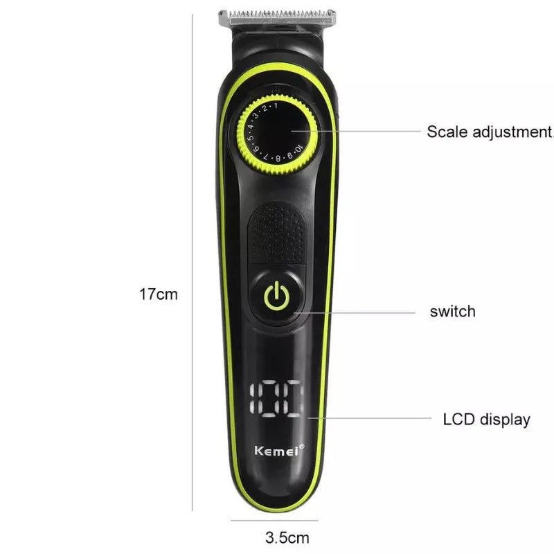 Black KM-696 rechargeable electric hair clipper set with USB cable and cleaning brush.