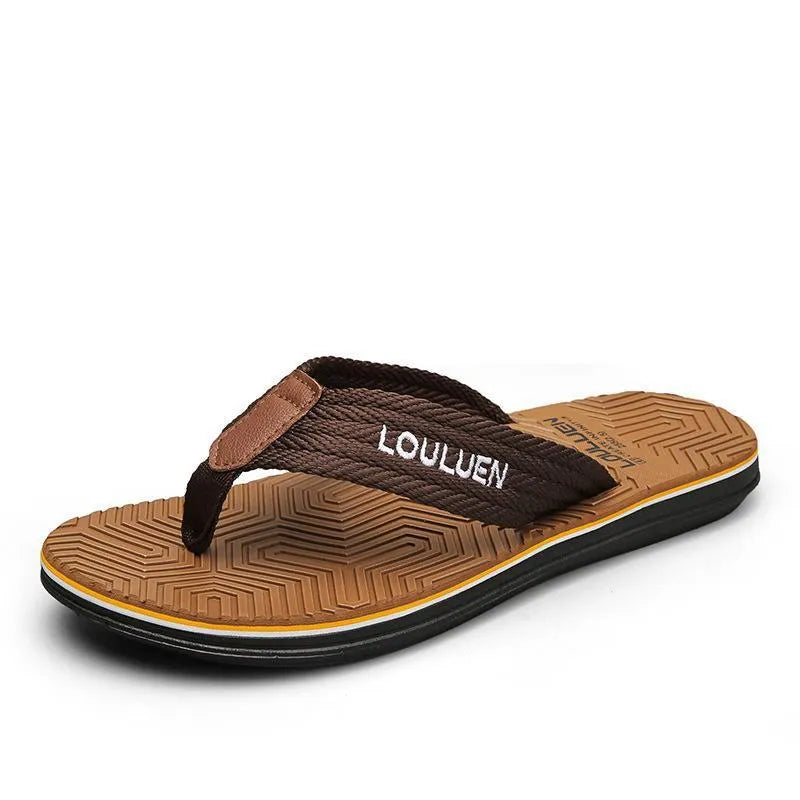 Men's black flip flops with open toe, EVA upper and textured PVC sole.